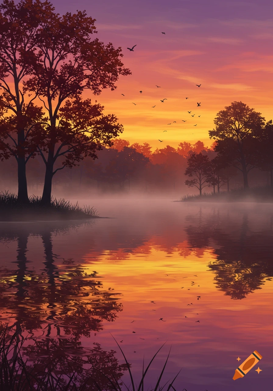 Vibrant sunset over a tranquil lake, with silhouetted trees reflected in the water and birds flying in the sky, digital art style.