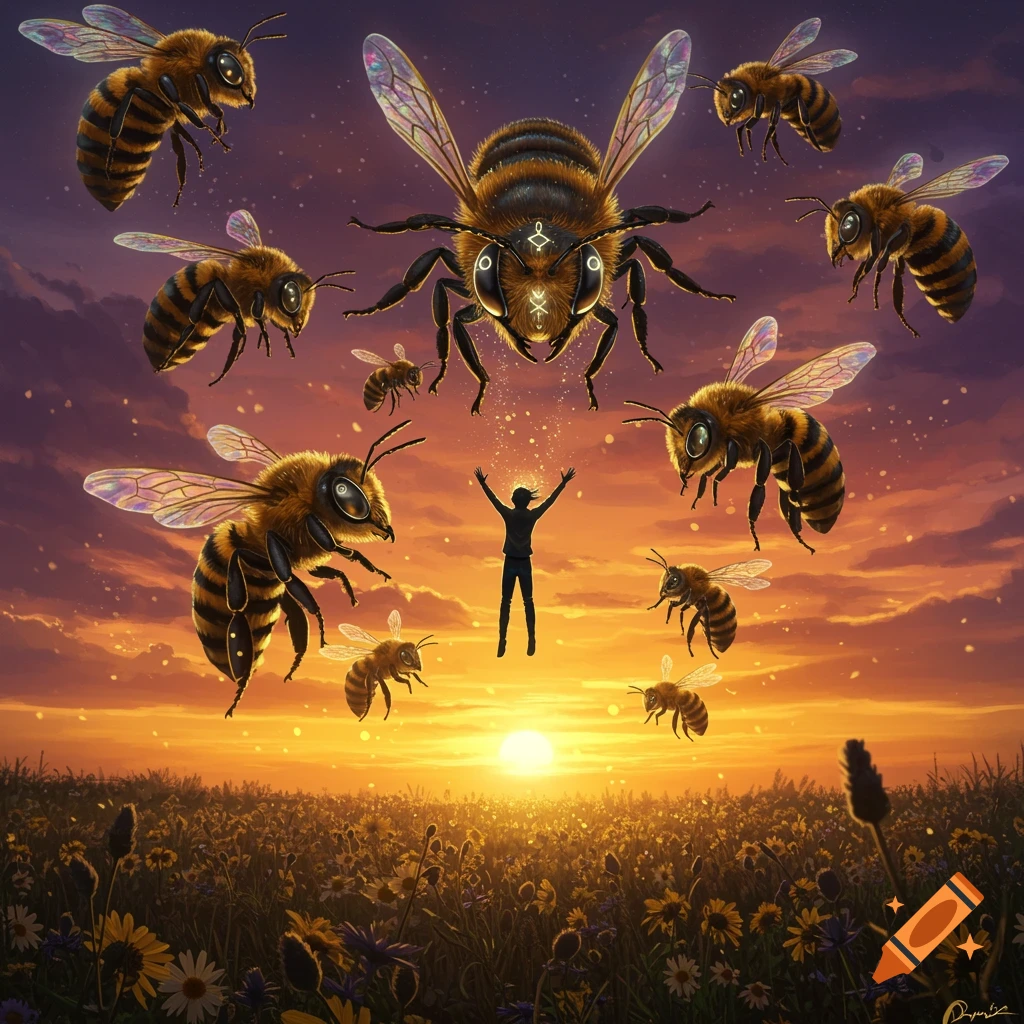 A person floats above a field of flowers at sunset, surrounded by many large bees, in a digital painting.