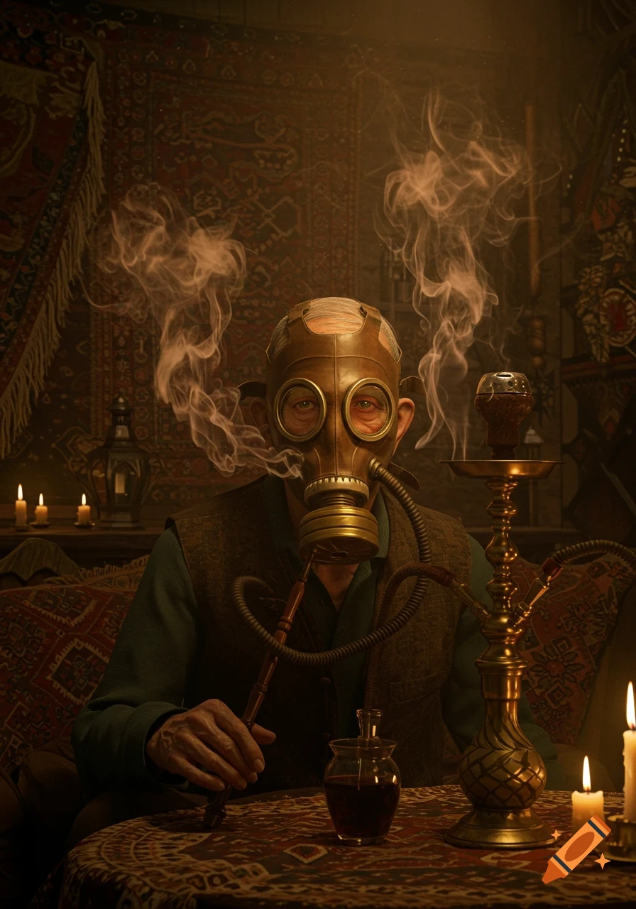 A man in a gas mask smokes a hookah in a dimly lit, ornate room, with smoke swirling around his head. Photorealistic.