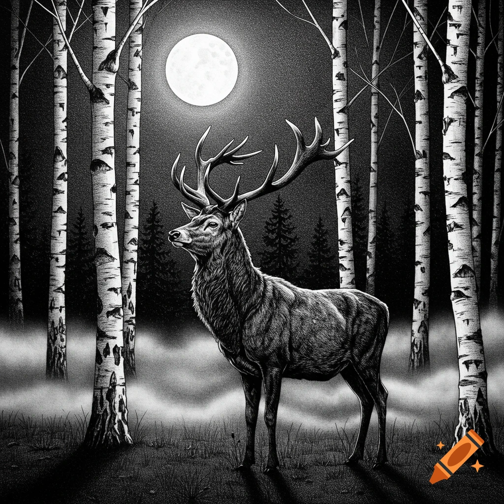 A black and white sketch of a deer with large antlers standing in a forest under a bright full moon.