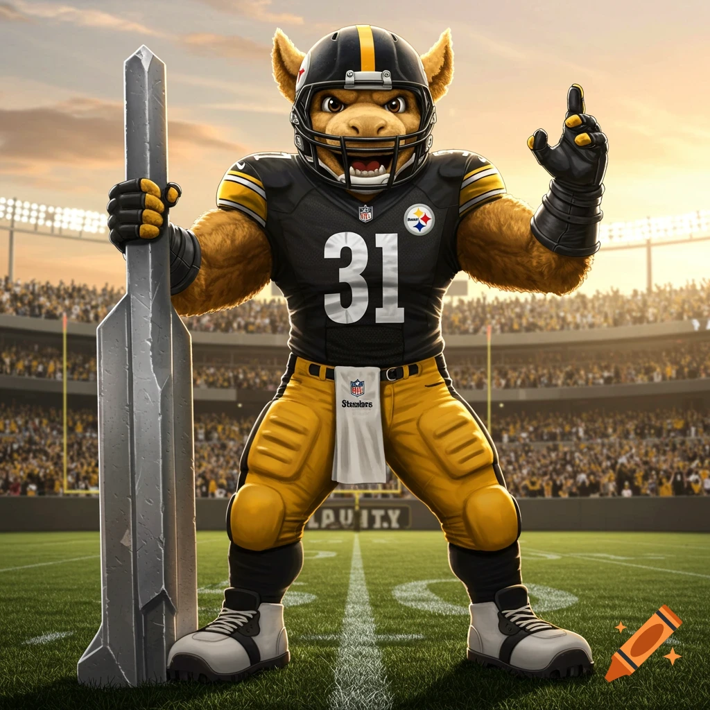 A furry mascot with a happy expression, wearing a black and yellow Pittsburgh Steelers football uniform with number 31 and holding a large grey spear, stands on a green football field in a stadium at sunset.