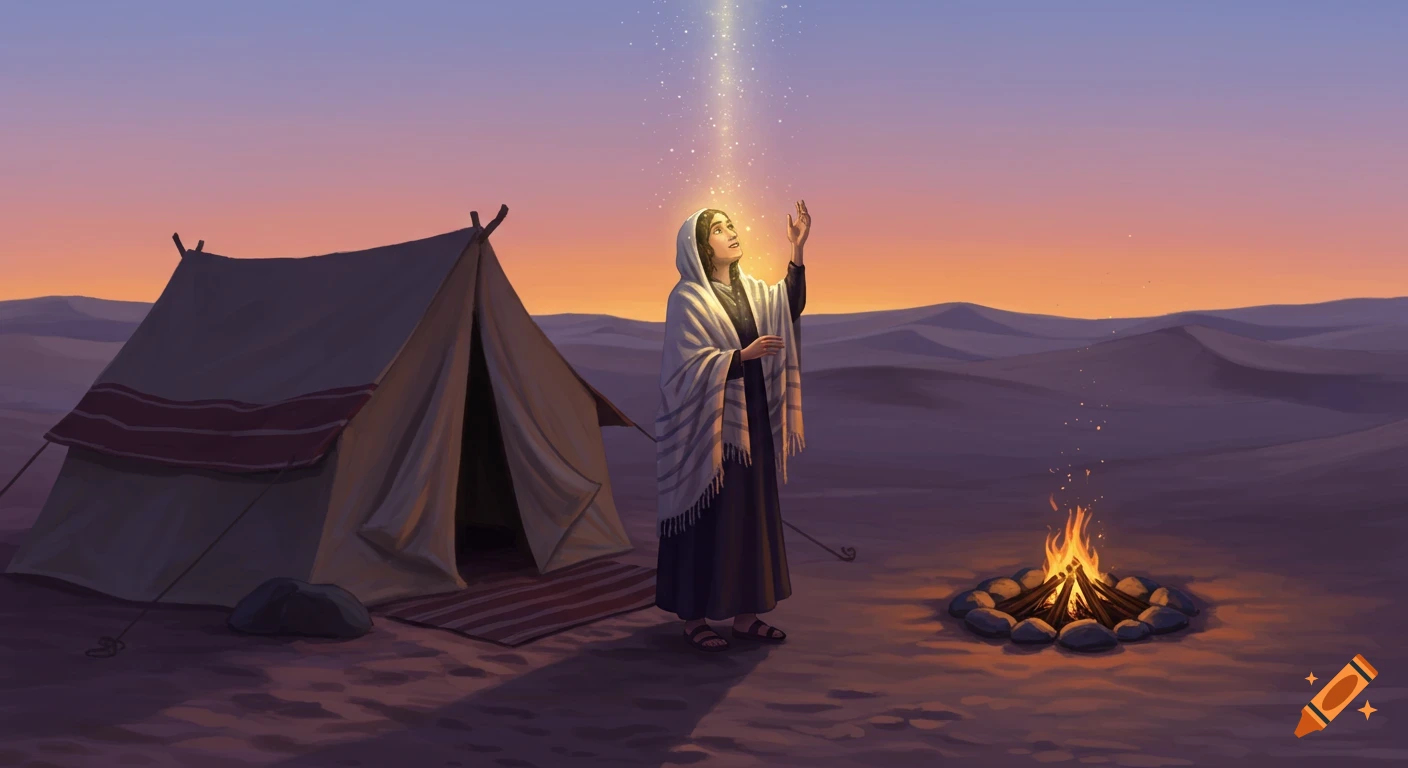 An illustrated woman looks up at a glowing light beam, hands raised, next to a tent and campfire in a desert at sunset.