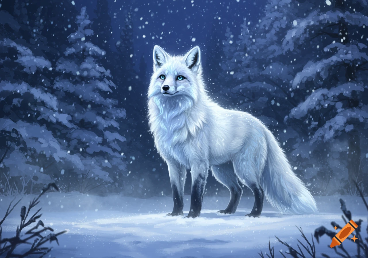 A white fox with bright blue eyes stands in a snowy forest during a snowfall, illustrated.