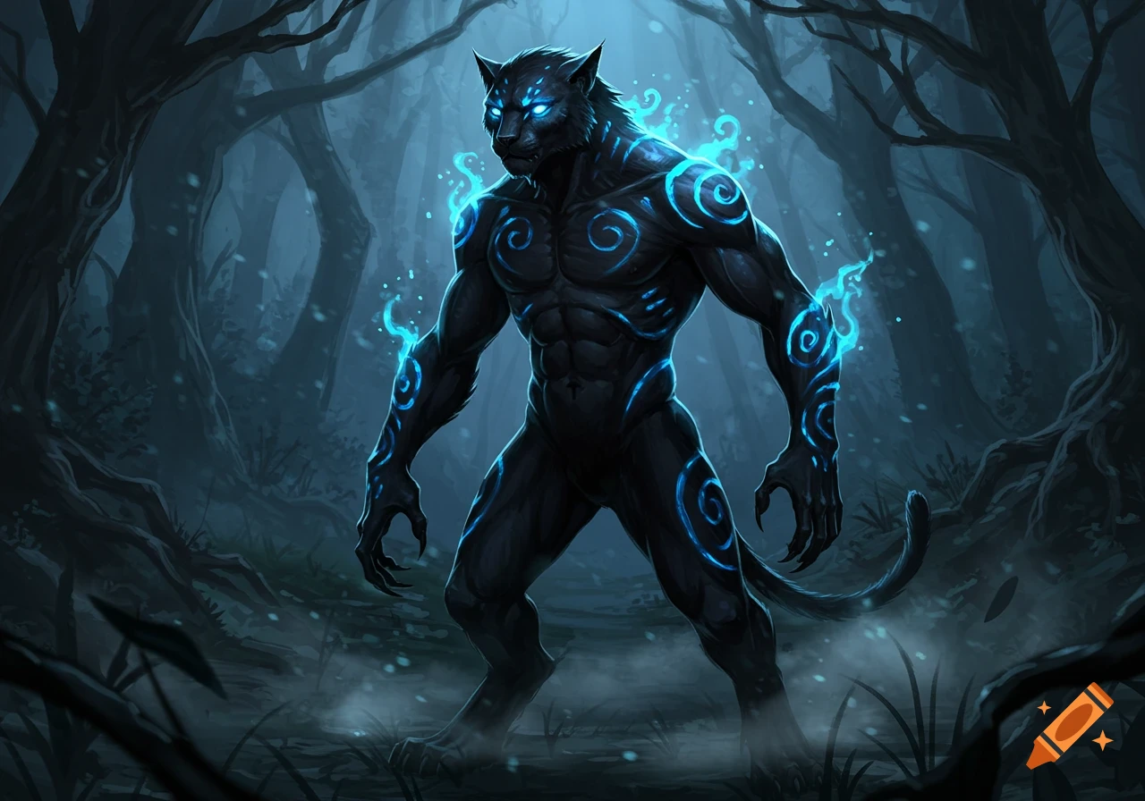A muscular black werecat with glowing blue spiral patterns and eyes stands in a dark, mystical forest.