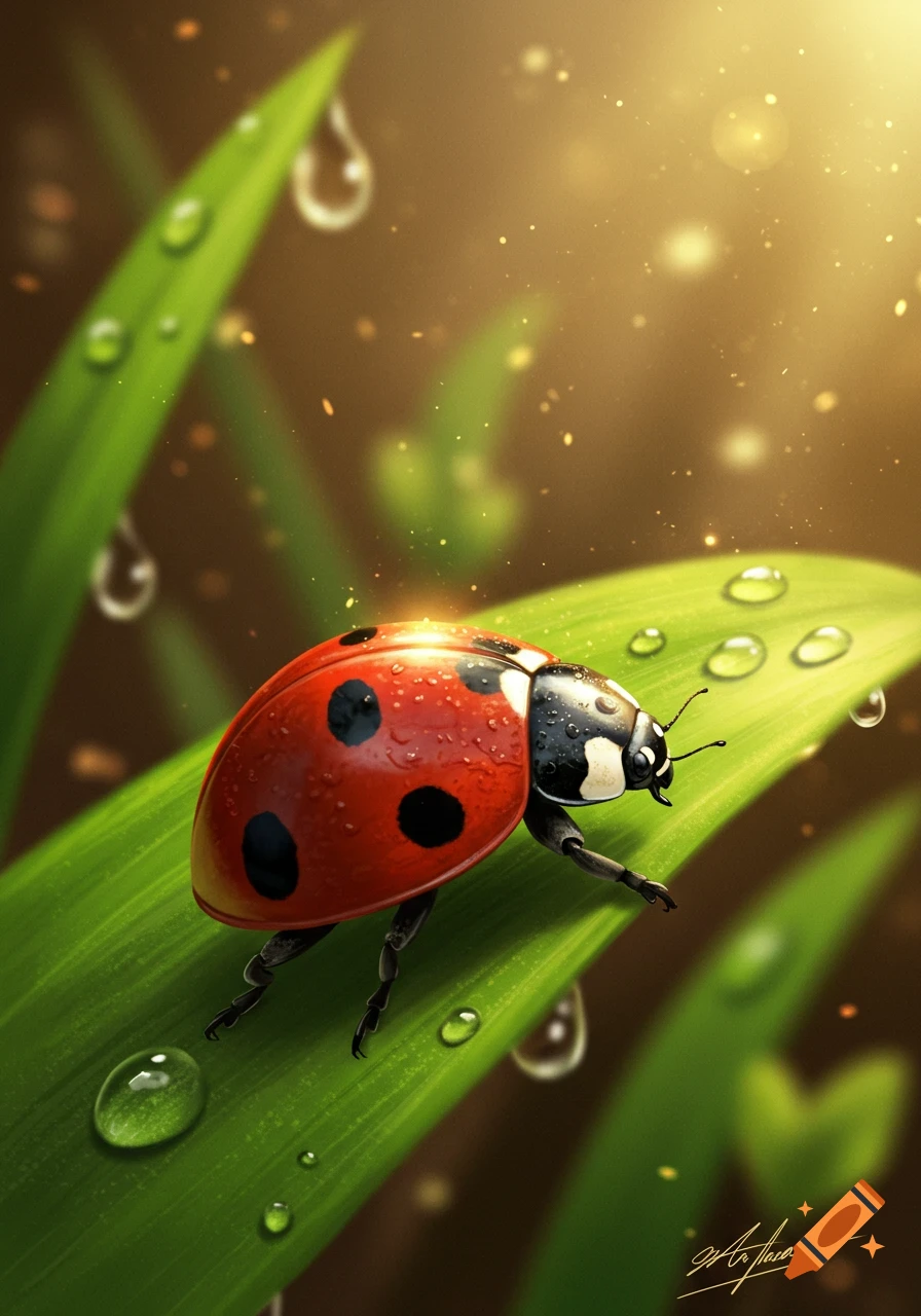 A vibrant red ladybug with black spots walks on a green leaf covered in dew drops, with sparkling light in the background.