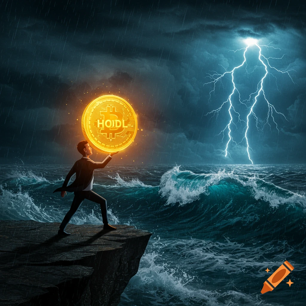 A man on a rocky cliff holds a giant glowing golden coin with a Bitcoin symbol and "HOIDL" text, facing a turbulent ocean and stormy sky with lightning.