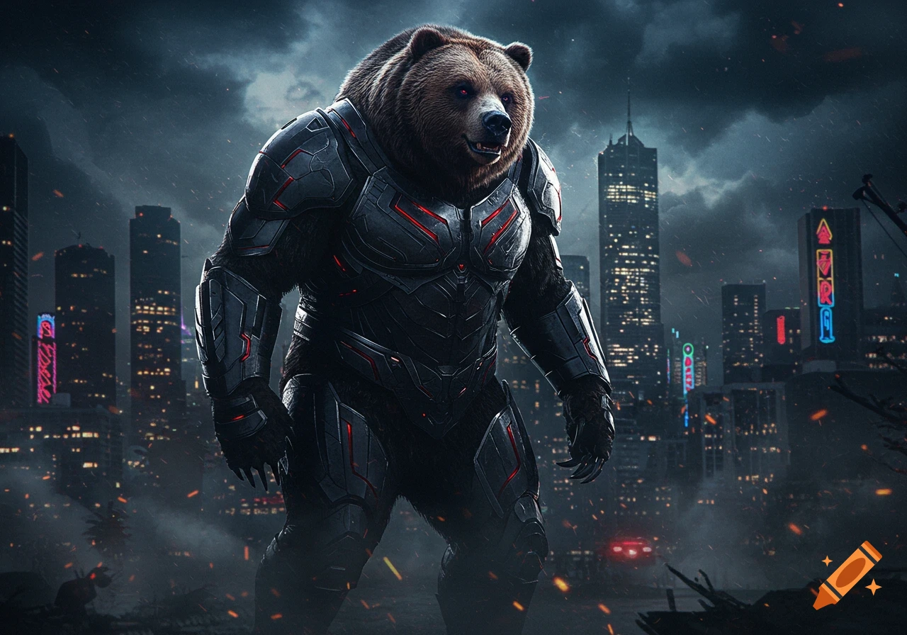 A powerful grizzly bear in dark, futuristic armor with glowing red accents stands in a dystopian city under a stormy sky.