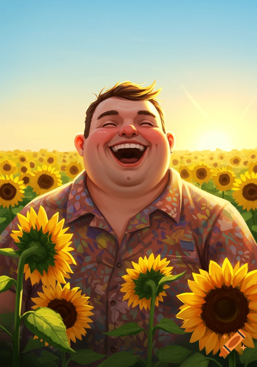 A happy man laughs joyfully in a vibrant sunflower field with a bright sunset.