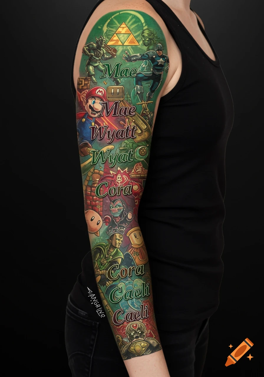 A colorful full sleeve tattoo featuring video game and comic book characters like Mario, Zelda, and Marvel heroes, intertwined with the names Mae, Wyatt, Cora, and Caeli.