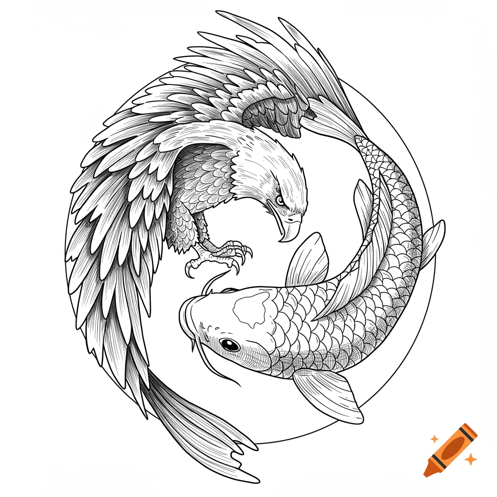 Linework illustration of an eagle and a koi fish intertwined to form a yin-yang symbol.