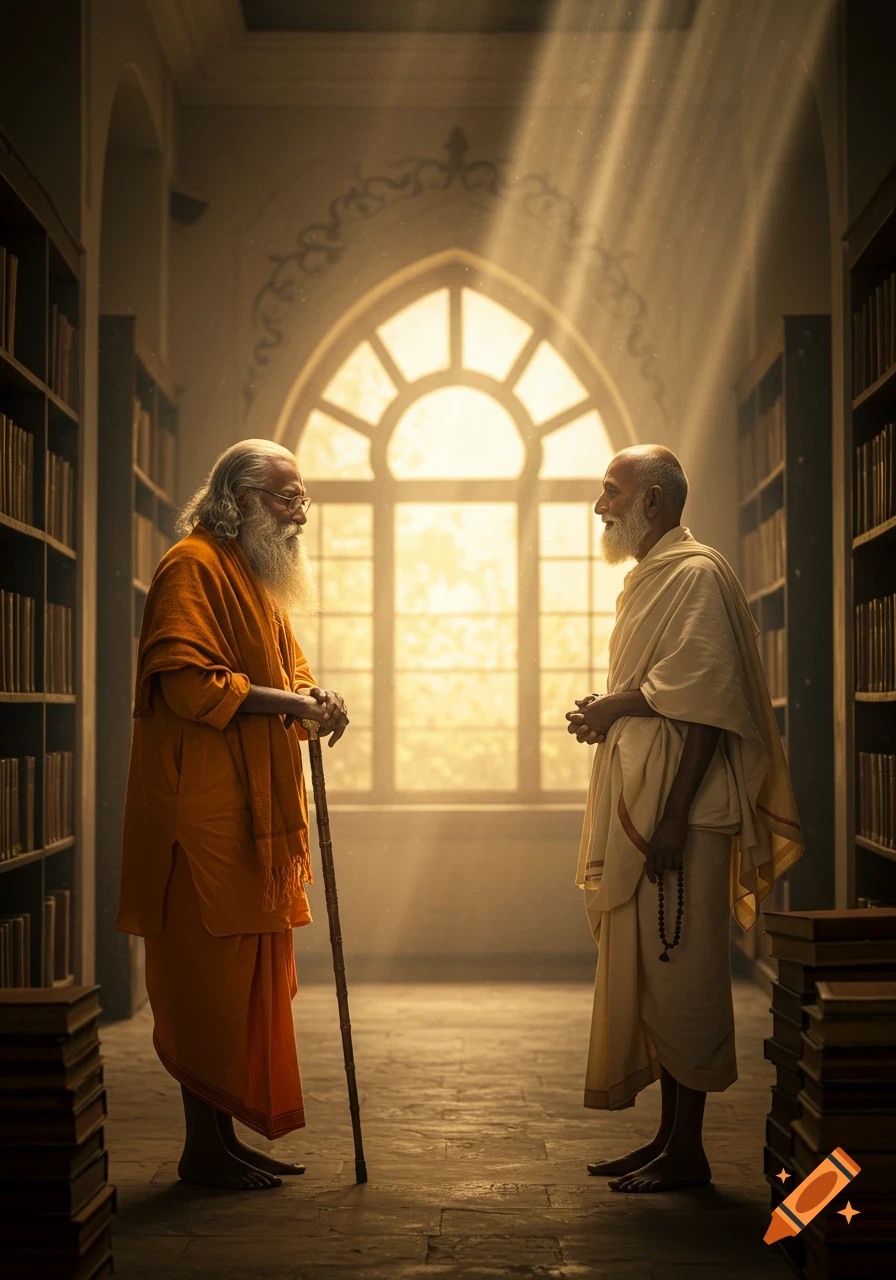 Two elderly men in traditional Indian attire converse in a sunlit library with bookshelves.
