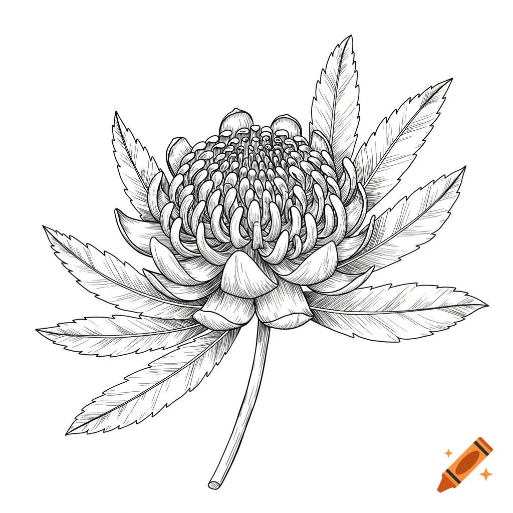 Detailed black and white line art of a waratah flower with many petals.