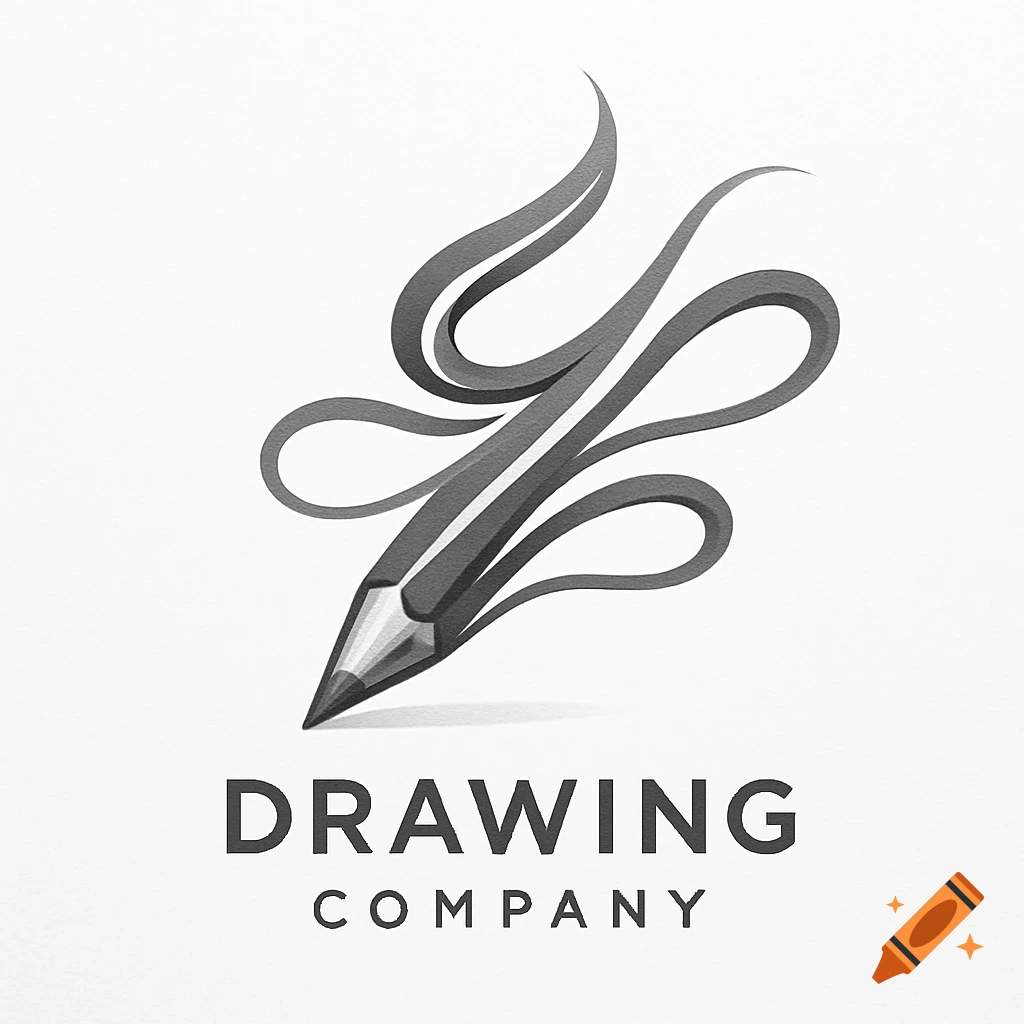 A black and white logo featuring a stylized pencil with flowing, ribbon-like lines emanating from its tip, above the words 'DRAWING COMPANY'.
