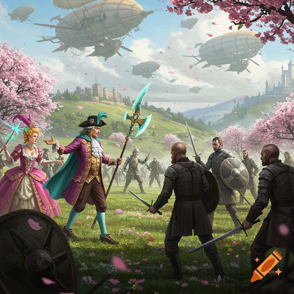 An elaborately dressed dandy and a woman confront medieval warriors in a cherry blossom field with castles and steampunk airships overhead, in a fantasy illustration style.