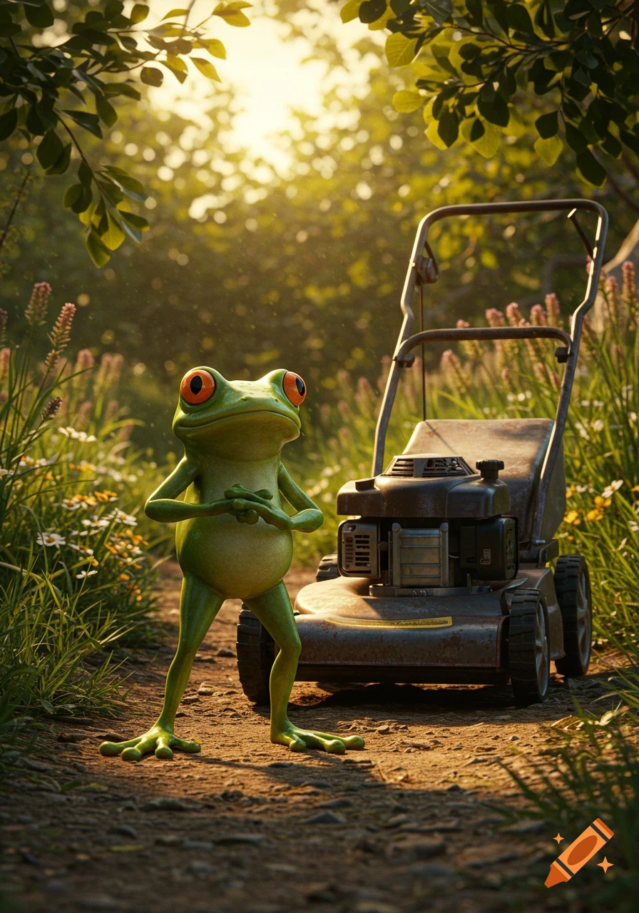 A green frog with large orange eyes stands on a dirt path, facing a push lawnmower in a sunlit, grassy field.
