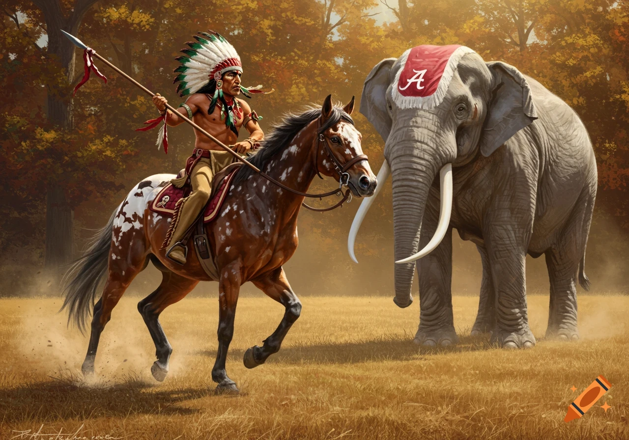 A Native American-style warrior on a painted horse holds a spear while facing a large elephant with an Alabama 'A' banner on its head, in a grassy field with autumn trees.
