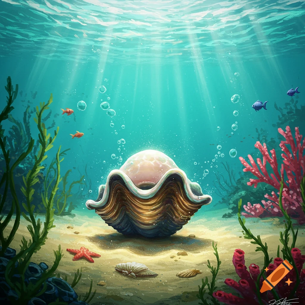 An illustration of a giant clam with a glowing pearl inside on the ocean floor, surrounded by seaweed, coral, and small fish, with sunlight streaming from above.