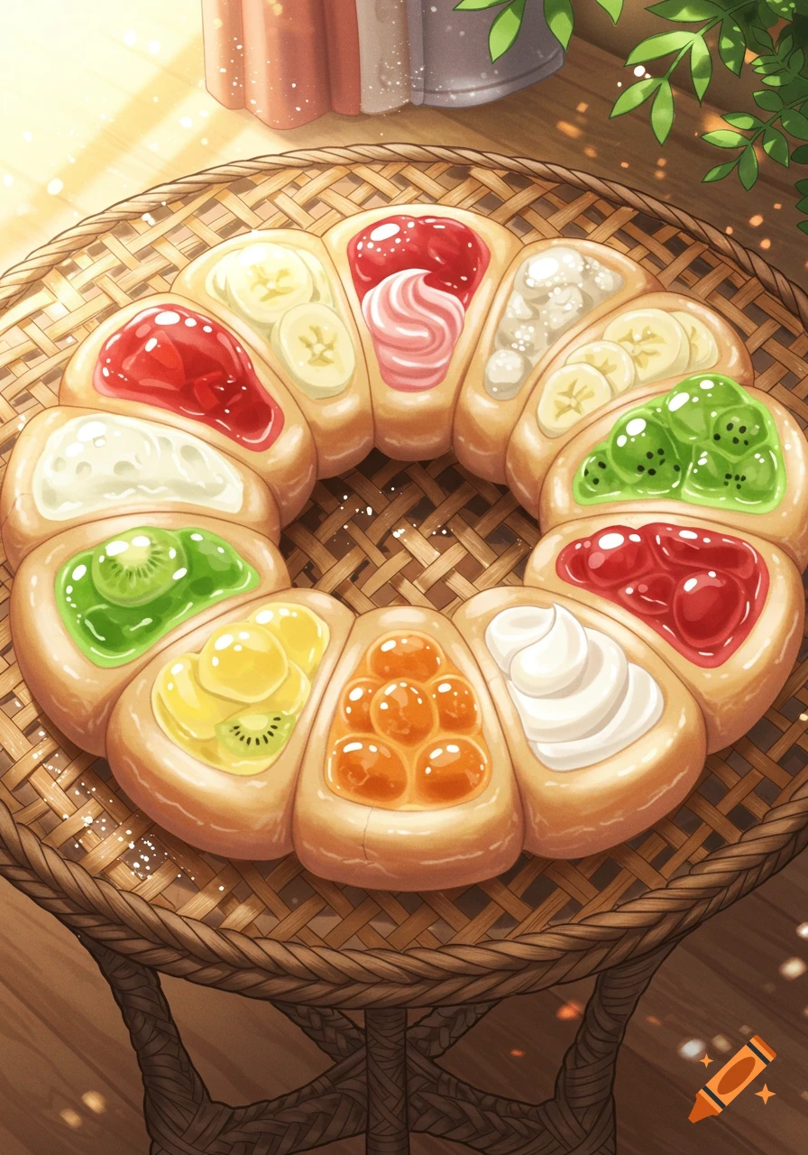 A colorful wreath-shaped mochi donut with various fruit and cream toppings sits on a woven basket table in warm sunlight.