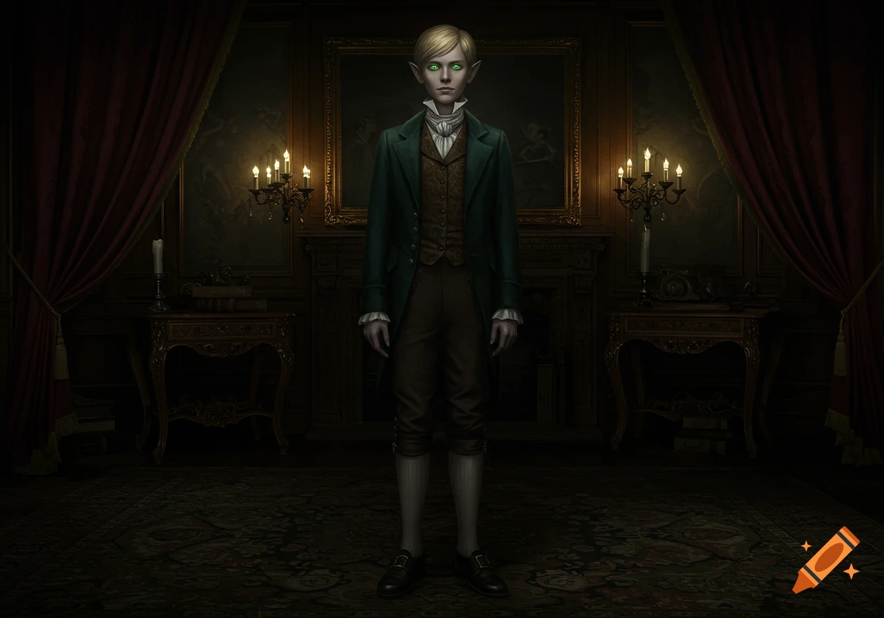A young boy with blonde hair and glowing green eyes, dressed in Victorian gothic attire, stands in a dimly lit, ornate parlor room.