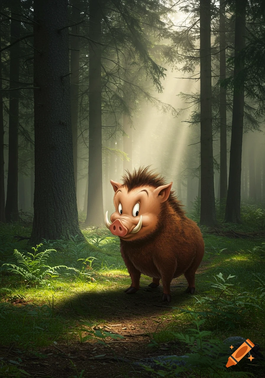 A happy cartoon wild boar with tusks stands in a sunlit, misty forest with tall trees.