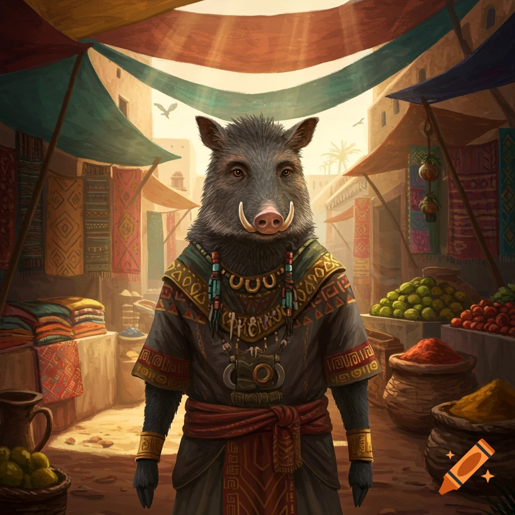 An anthropomorphic javelina in elaborate attire stands in a bustling, colorful market scene, digital painting.