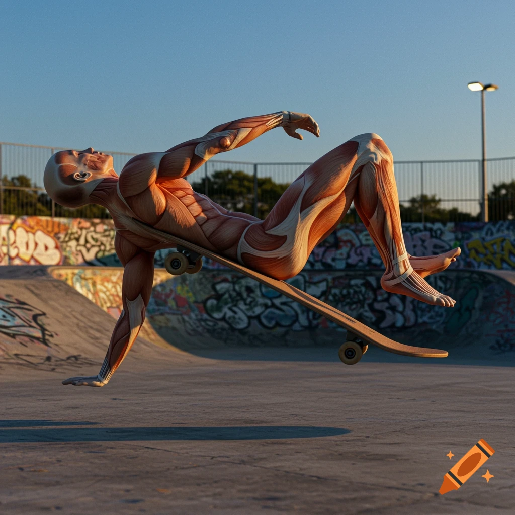 A hyperrealistic anatomical human figure balances on a skateboard in mid-air at a concrete skate park, under a clear sky.