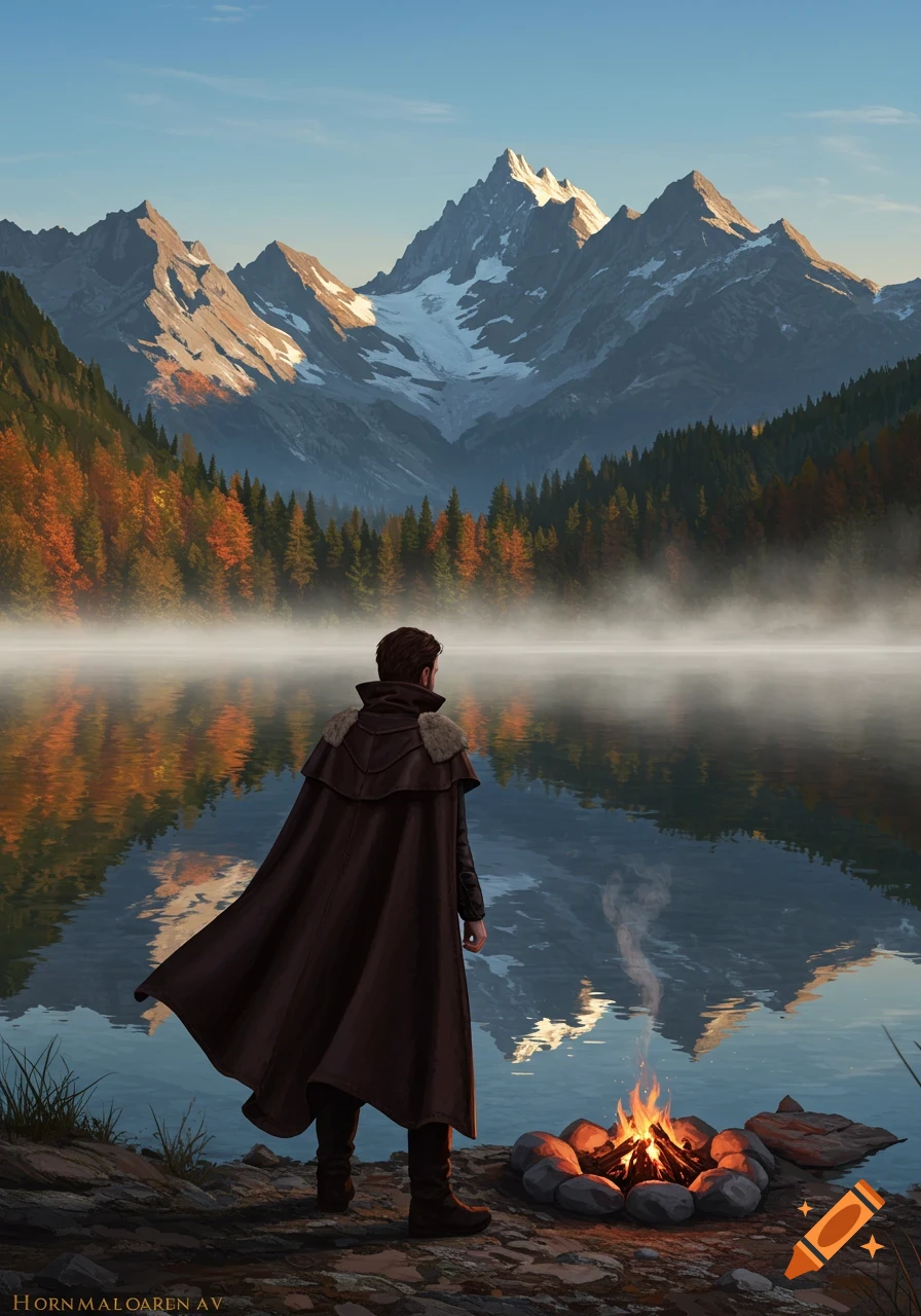 A man in a dark cape stands by a misty lake with a campfire, facing snow-capped mountains and autumn trees at sunrise, photorealistic.