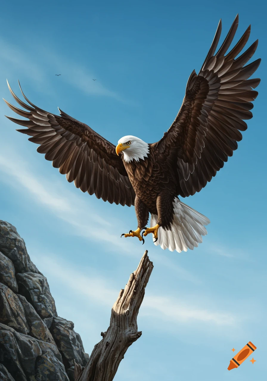 A majestic bald eagle with outstretched wings descends to land on a tree stump, a rocky cliff and blue sky in the background.