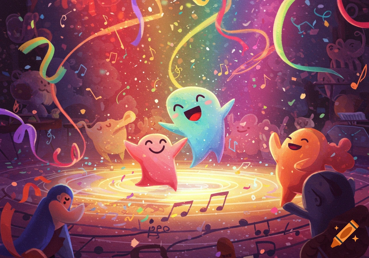 Happy, colorful cartoon ghost-like characters dance in a spotlight with confetti and musical notes.
