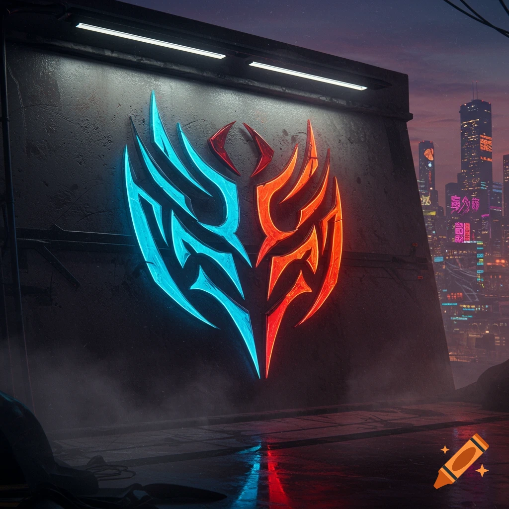 A glowing blue and orange abstract tribal-style logo on a dark, textured wall, with a cyberpunk city skyline in the background.
