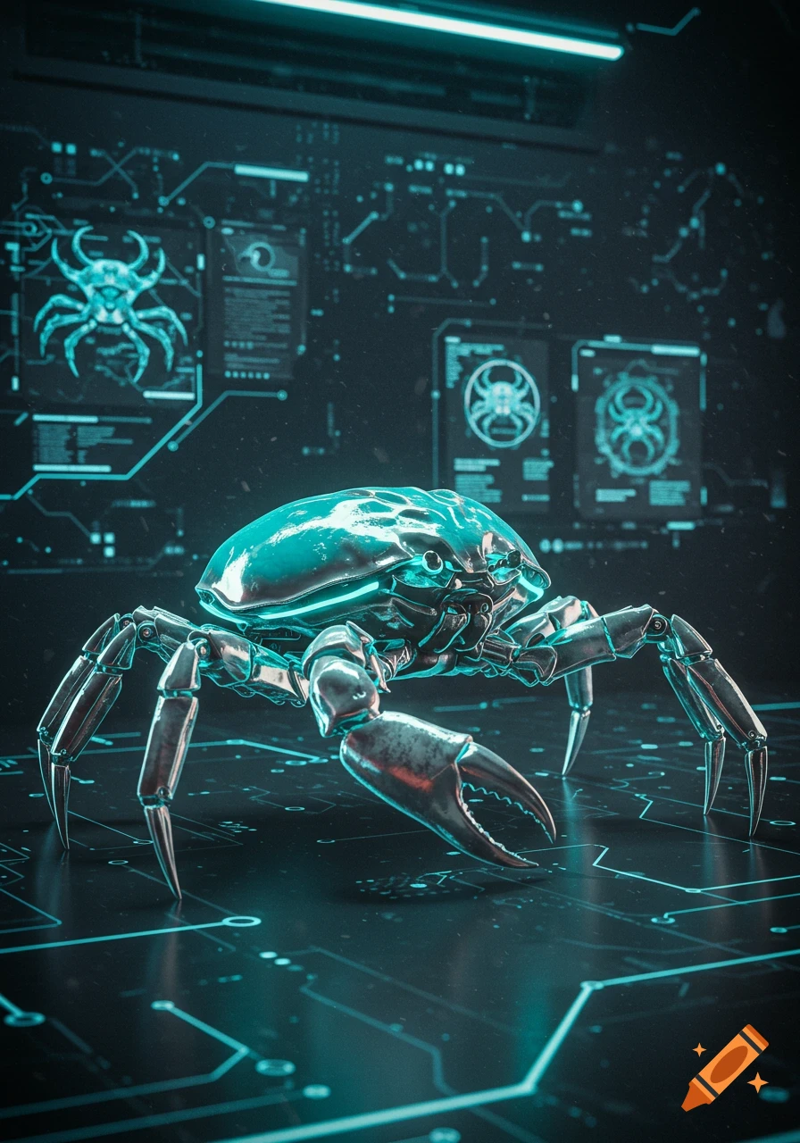 A metallic and glowing teal robot crab stands on a dark surface with glowing circuit patterns, against a background of futuristic screens.