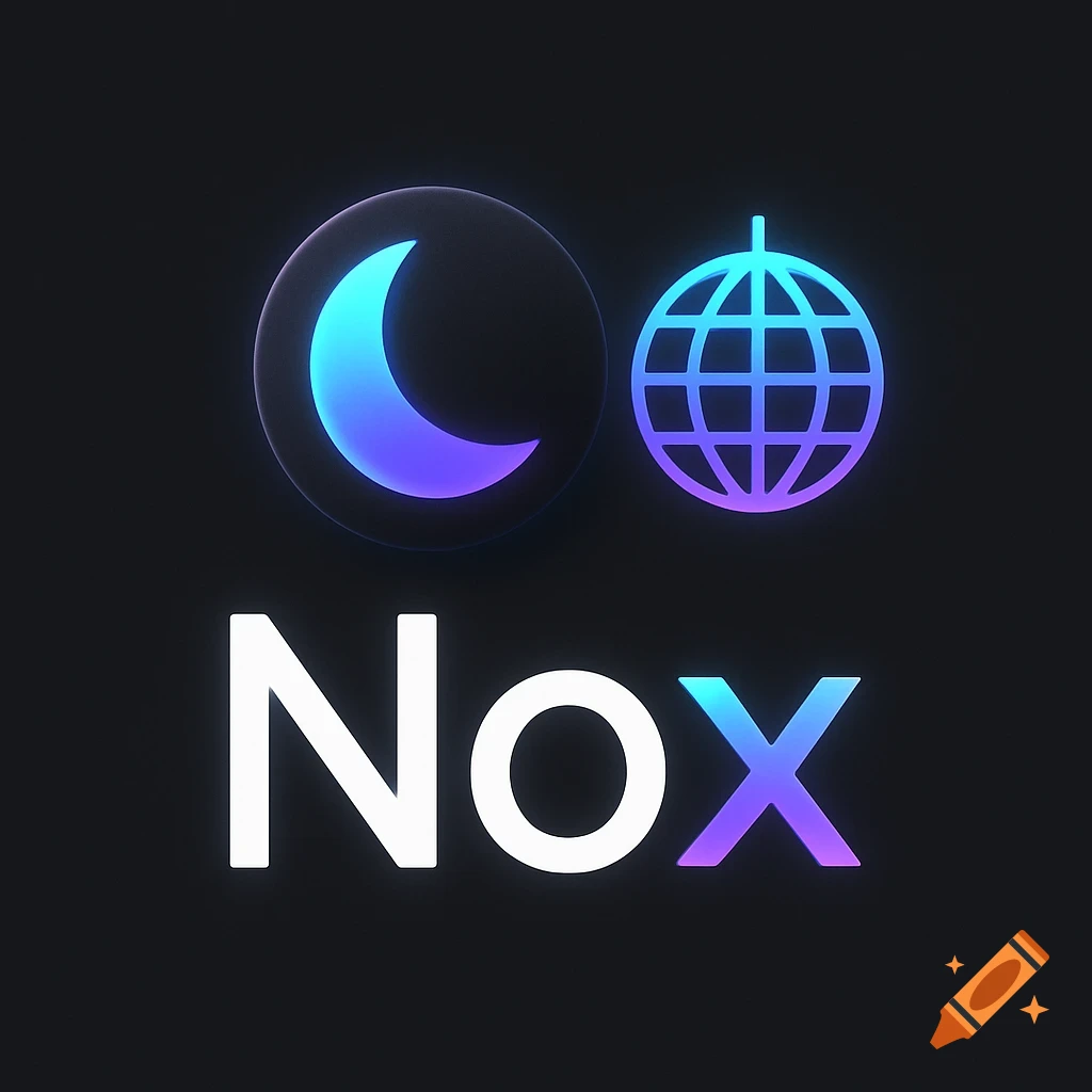 Sleek logo with glowing blue and purple crescent moon and disco ball icon above 'Nox' on a dark background.