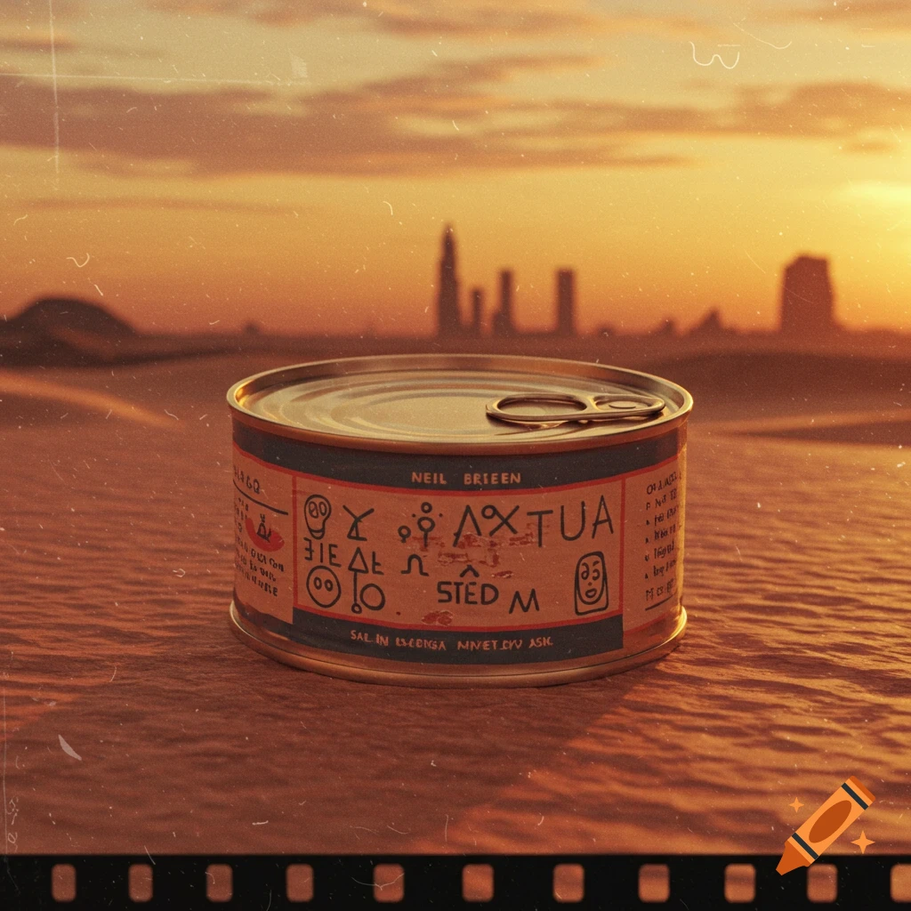 A flat can of tuna with stylized text sits on sand dunes at sunset, with a city skyline in the distance. The image has a vintage film grain and light leak effect.