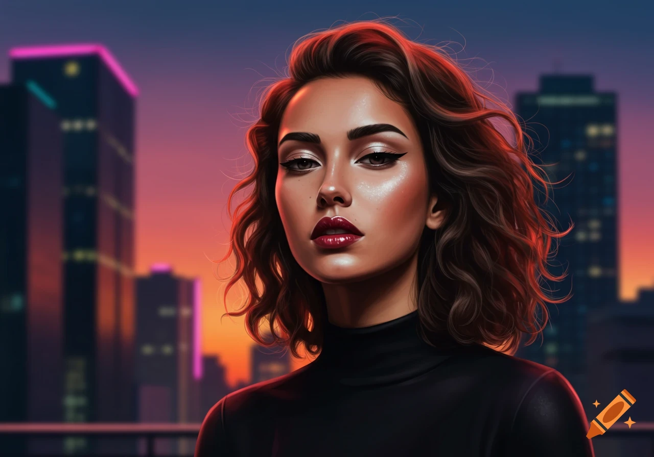 A woman with dark wavy hair and dramatic makeup wears a black turtleneck against a blurred city skyline at sunset in a digital art style.