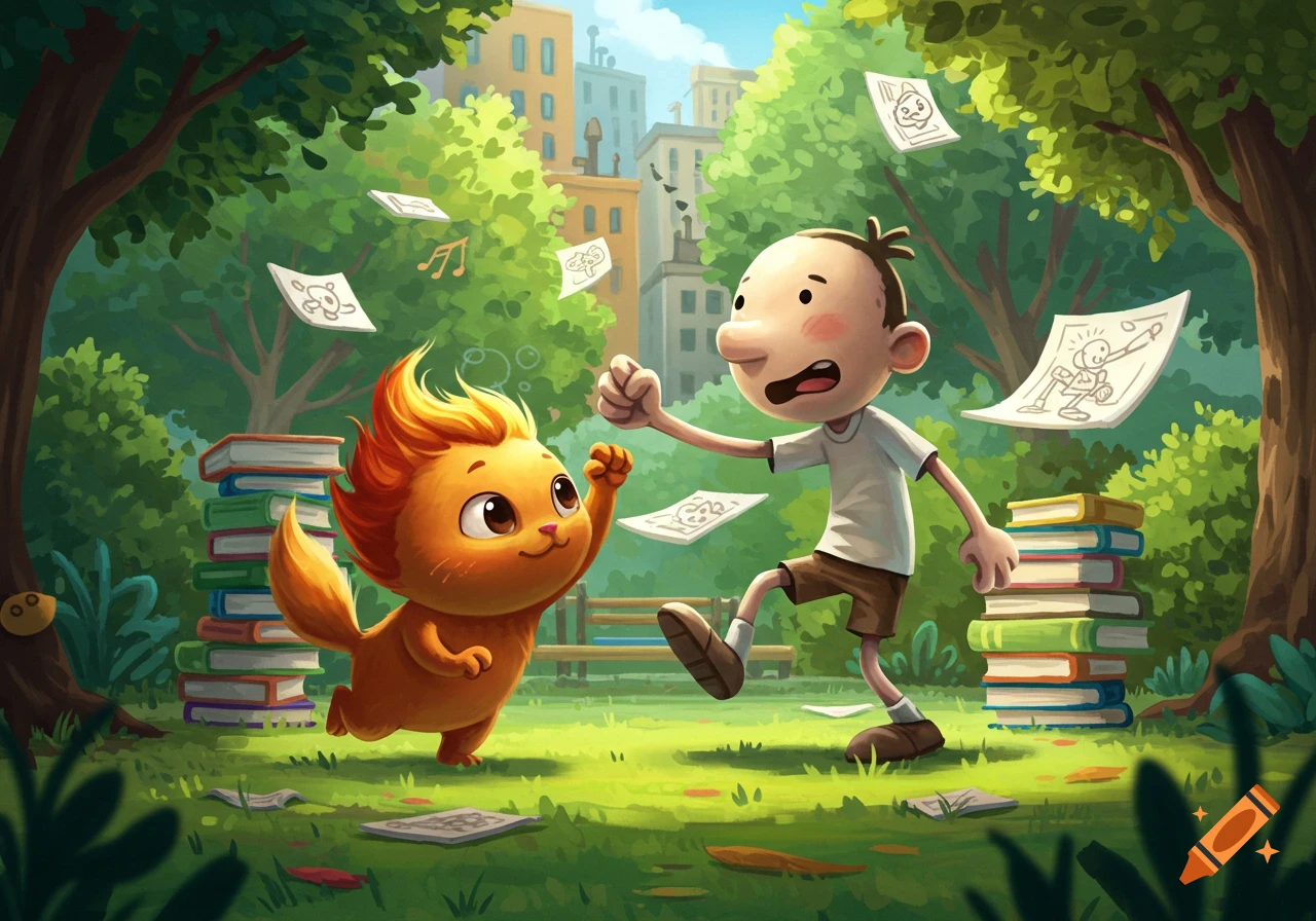 Cartoon of a fiery orange creature and a boy similar to Greg Heffley playing in a park surrounded by books and flying papers.