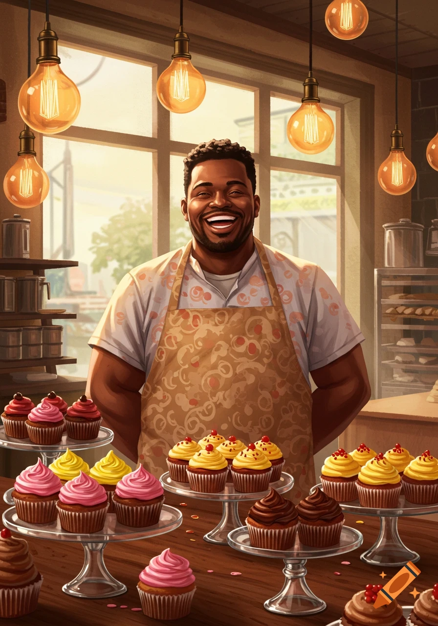 A smiling Black man in an apron stands behind a counter laden with cupcakes in a vibrant, illustrated bakery scene with hanging lightbulbs.