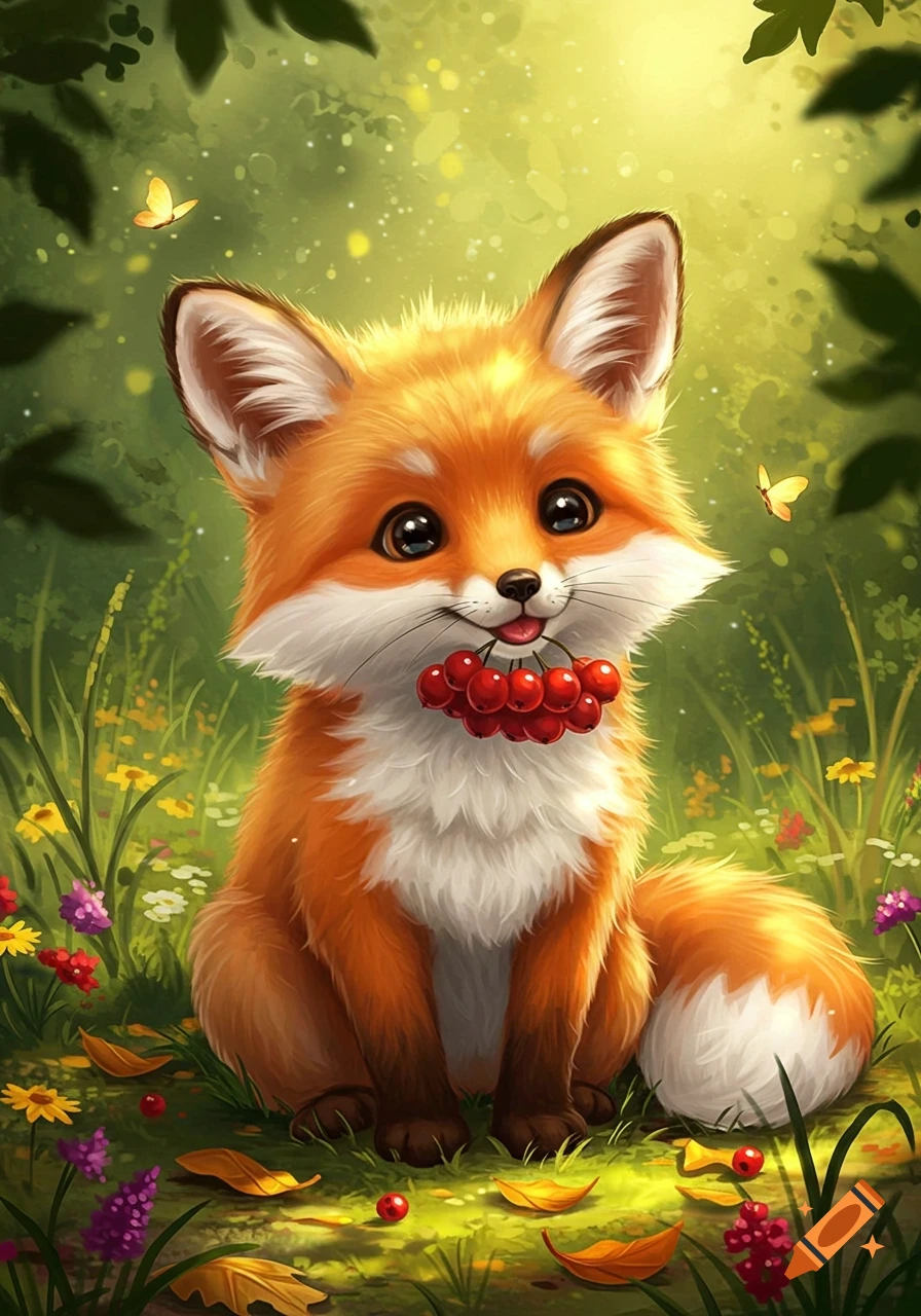 A cute cartoon fox holding red berries in its mouth sits in a lush green forest with flowers and butterflies.