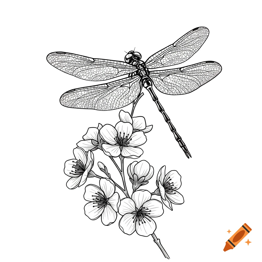 Black and white line art sketch of a dragonfly perched on a branch with blossoming flowers.