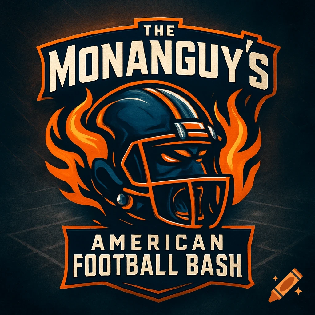 A bold logo featuring a dark blue American football helmet surrounded by orange flames, with the text 'THE MONANGUY'S AMERICAN FOOTBALL BASH'.