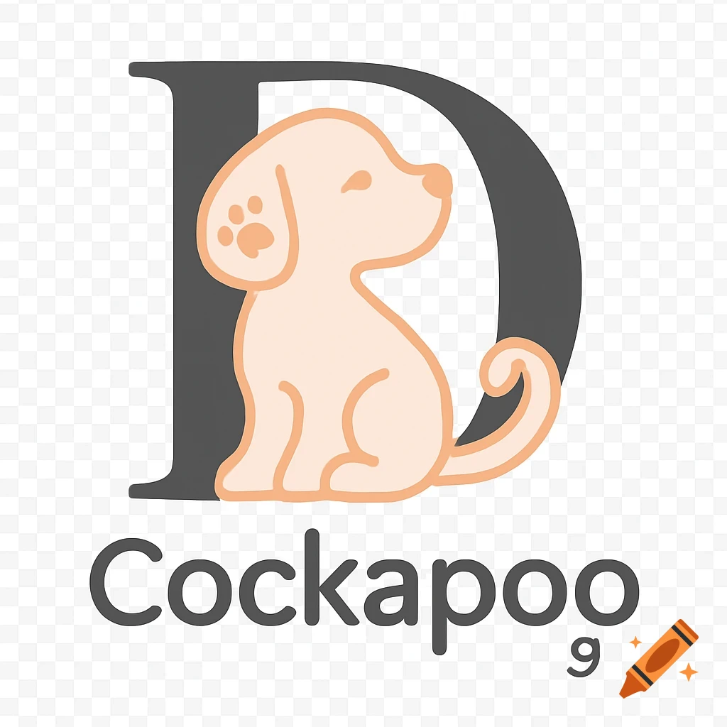 Minimalist logo featuring a light orange cockapoo puppy silhouette sitting inside a dark gray letter D, with the word 'Cockapoo' in gray text below.