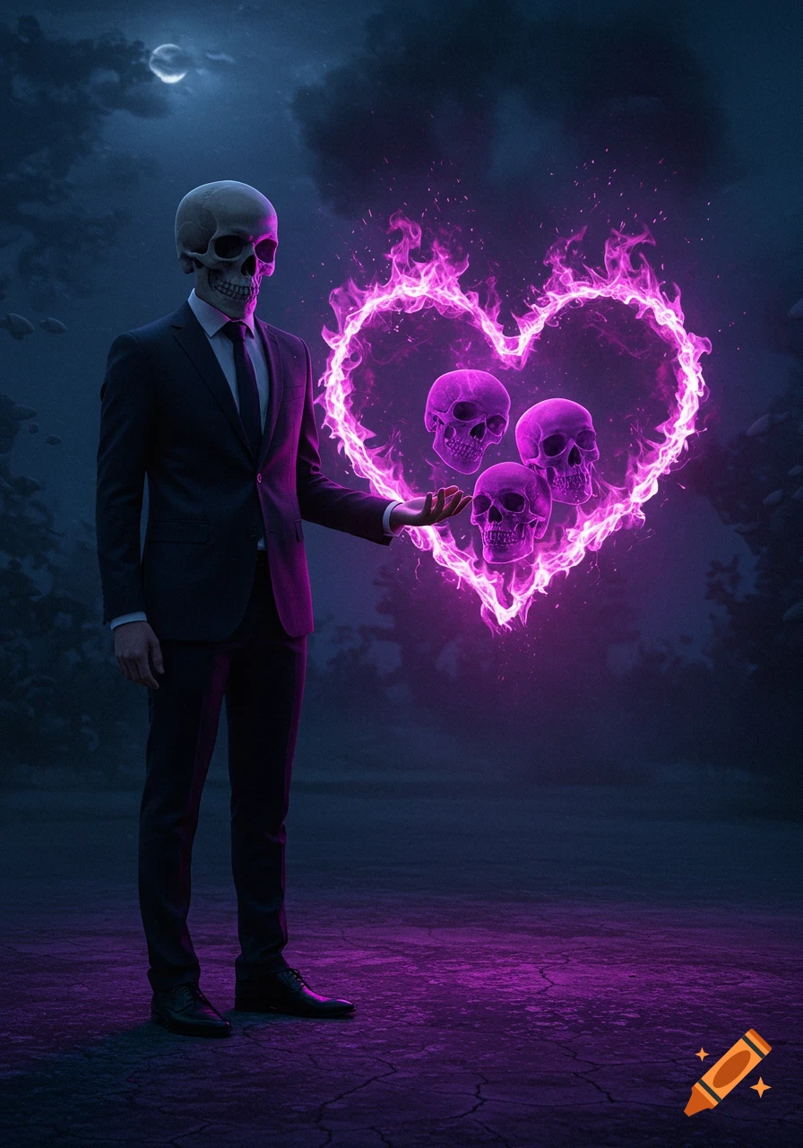 A man with a skull head in a suit holds a glowing purple heart-shaped fire containing three purple skulls against a dark, cloudy night sky with a crescent moon.