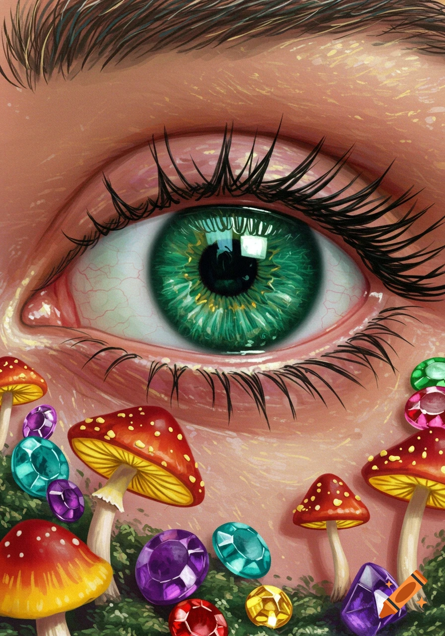 Close-up illustration of a human eye with a green iris surrounded by red and white mushrooms and colorful gemstones.