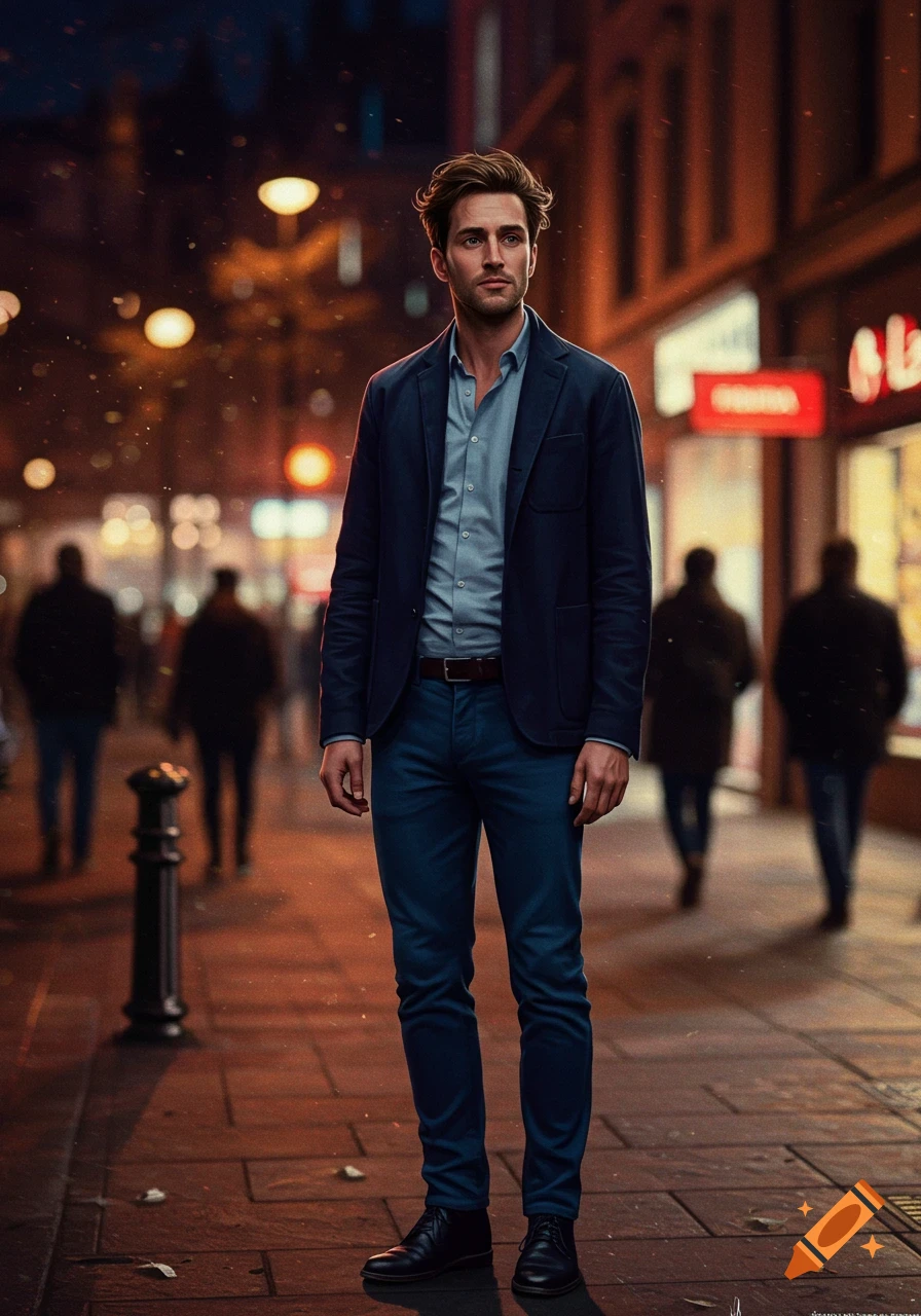 A man in a blue blazer and jeans stands on a dimly lit city street at night with glowing streetlights.