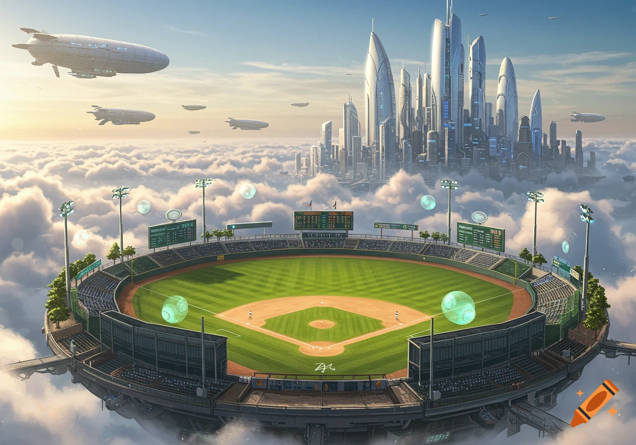 A futuristic baseball stadium floats above clouds, with sleek skyscrapers and airships in the background, under a bright sky.
