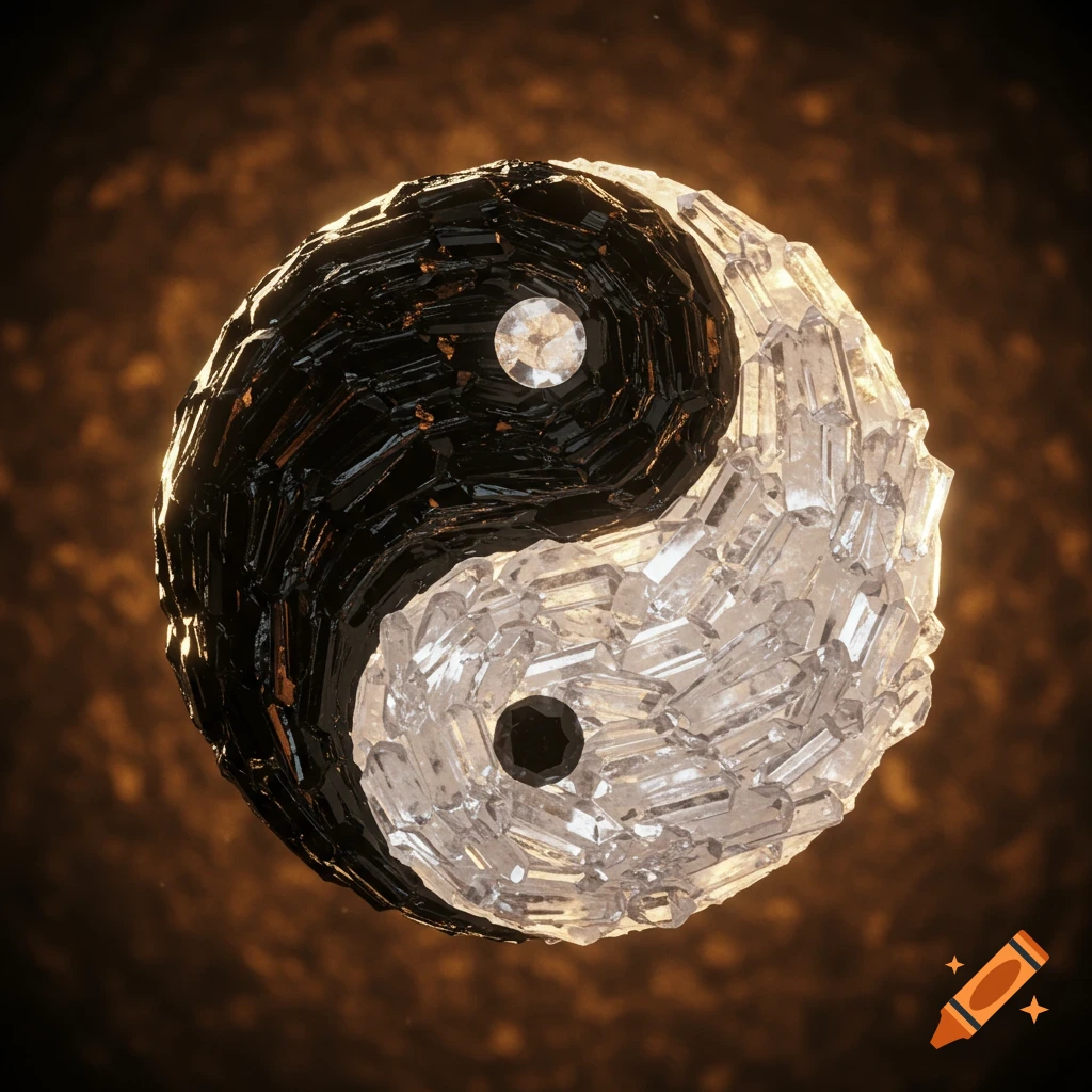 A dazzling Yin and Yang symbol crafted from sparkling black and clear crystals on a dark, warm background.