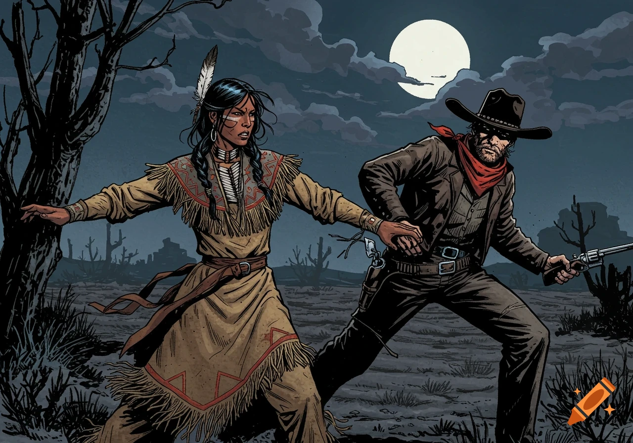 Comic book style illustration of an Indigenous woman and a masked cowboy in a tense standoff at night under a full moon.