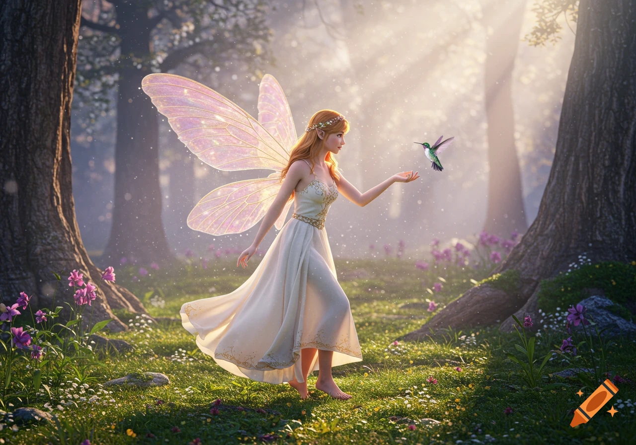 A red-haired fairy with glowing wings stands in a sunlit forest, extending her hand to a hovering hummingbird.