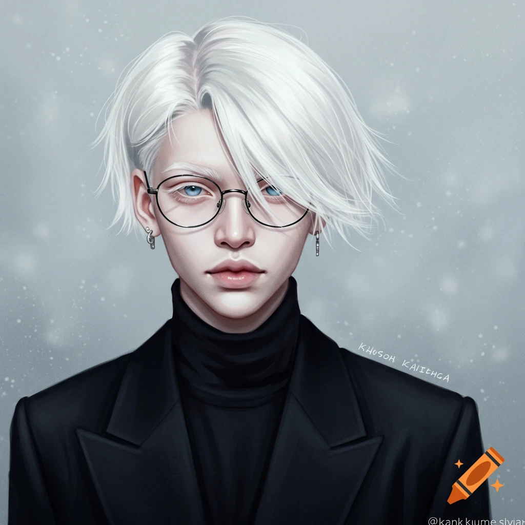 A drawing of an albino person with white hair, blue eyes, and glasses, wearing a black turtleneck and blazer, against a light gray background.