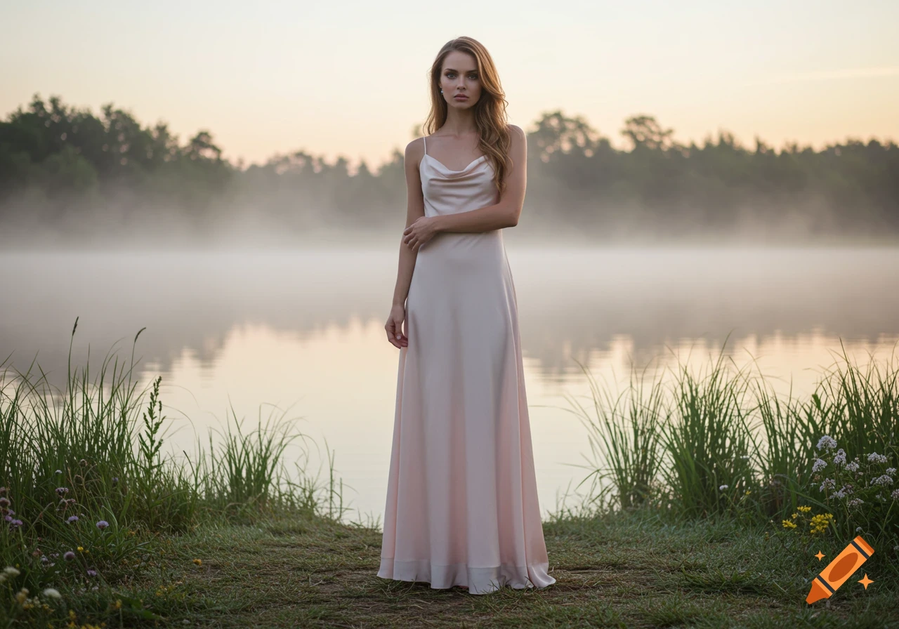 A woman in a long light pink slip dress stands gracefully by a misty lake at sunset, with trees in the background.