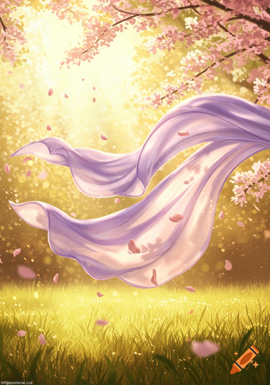 Purple fabric floats over a sunlit golden field with cherry blossoms and falling petals in an artistic style.